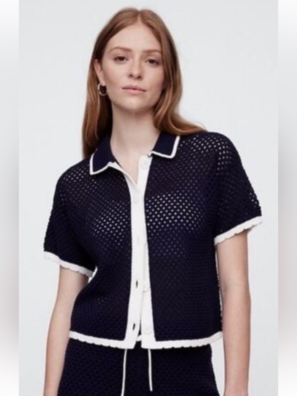 Gap Navy Blue & White Crochet Scalloped 100% Cotton Preppy Boho Sweater Size XL